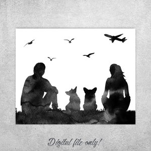 Corgi Watercolor Print: Couple and Two Dogs Wall Art (Instant Download)