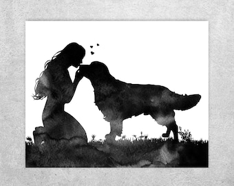 Woman kissing a dog, Watercolor prints, Golden Retriever and woman, Dog art print, Dog lovers gift, Printable art, Instant download