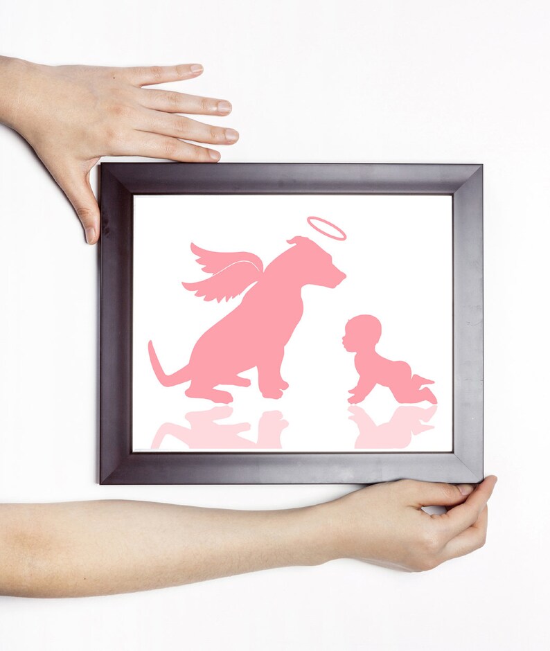 Dog with wings Rose gold Dog passing gift Instant download Pit bull with wings and a halo Baby and dog art print Memorial art