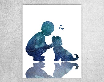 Boy with dog, Boy and puppy, Black art, Blue watercolor space, Boys room decor, Blue Printable wall art, Boys gift, Instant download