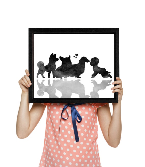 Baby And Dogs Shiba Inu Dog Corgi Art Longhair Dachshund Etsy