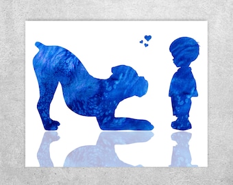 Boxer dog wall art Print, Toddler baby, Boy and dog print, Blue watercolor, Kids room decor, Funny nursery decor, GIFT, Instant download