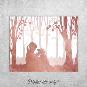 Girl with puppy, Rose gold art print, Forest watercolor, Woodland nursery art, Nursery decor girl, Dog breed, Instant download