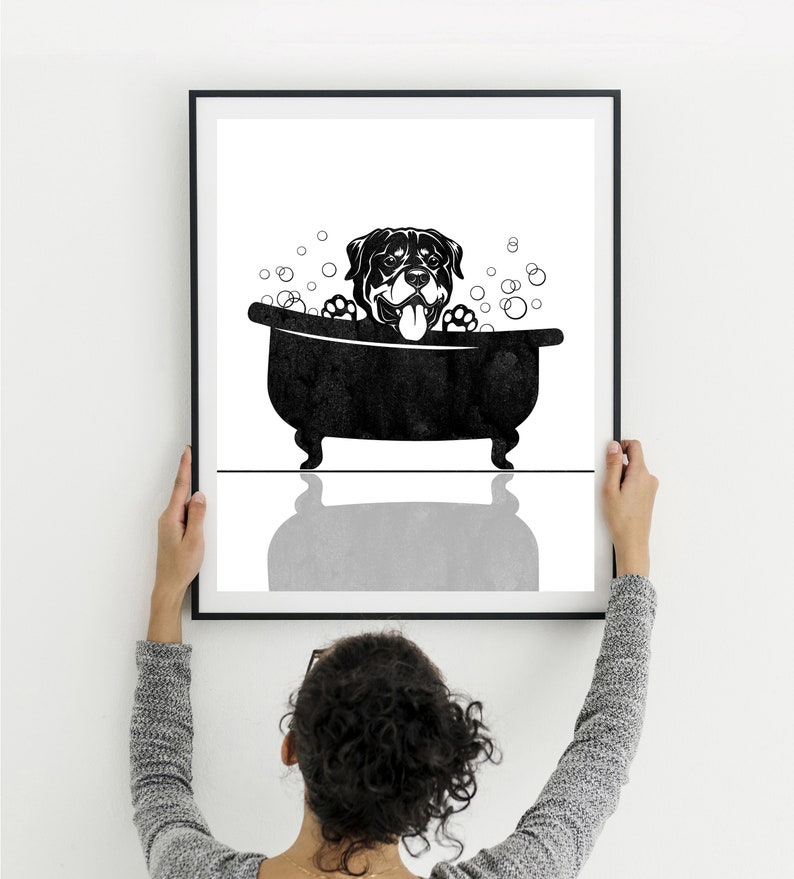 Rottweiler in Tub Wall Art Bath Decor Rottweiler Print Dog Etsy