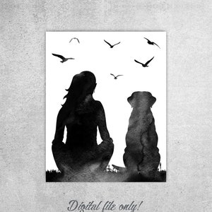 ON SALE! Woman and Labrador back sitting print, Dog art print, Birds print, Dog mom gift, Dog printable, Woman with 2 Labs, Instant download