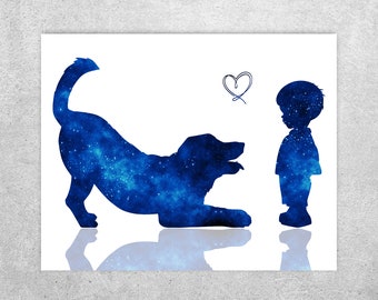 Toddler boy with dog print, Wall decor, Blue galaxy, Boys room decor, Golden retriever lying down, Nursery decor, BLUE, Instant download