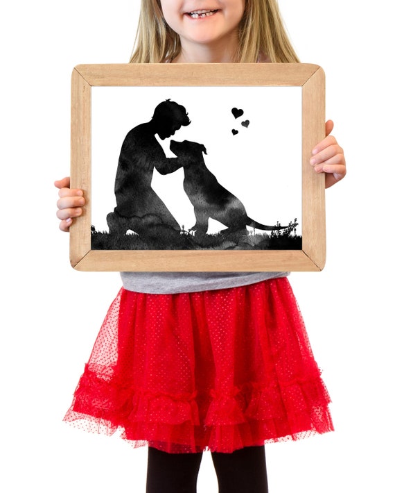Mothers day gift Boy kissing a pit bull Kids room wall art Watercolor print Nursery decor Pit bull print Boy and dog Instant download