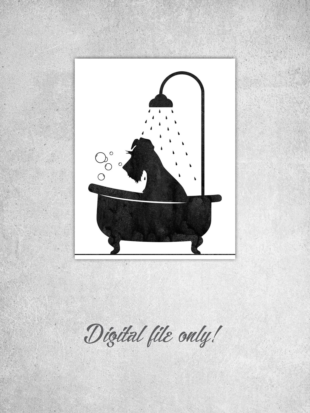 Bathroom Wall Decor, Dog in Tub Prints, Black Watercolor, Schnauzer