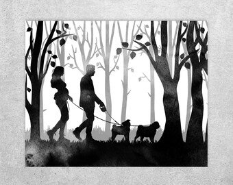 Couple and 2 Pugs print, Pregnant woman, Black and white, Woodland print, Forest printable, Anniversary gift, Dog print, Instant download