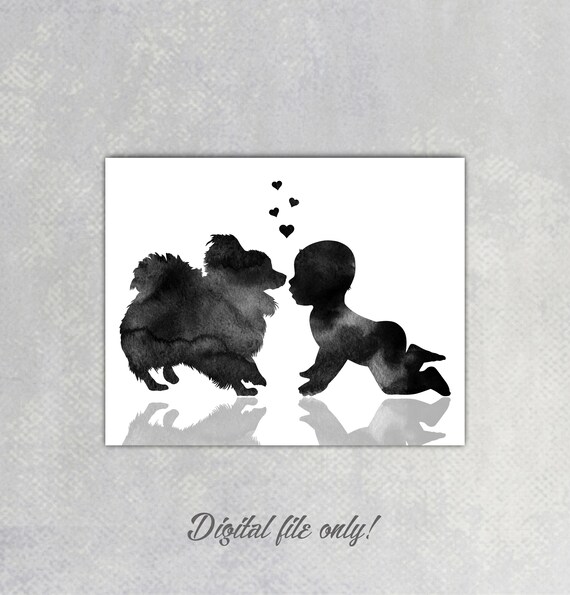 Baby with Papillon dog print, Baby art, Nursery decor, Dog printable, Pregnancy announcement, NEWBORN gift, Watercolor, Instant download