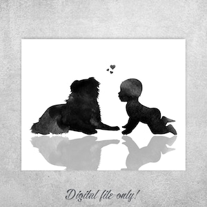Neutral gender gift, Baby and dog print, Mini Australian shepherd, Newborn gift, Baby room wall art, Black watercolor, INSTANT DOWNLOAD