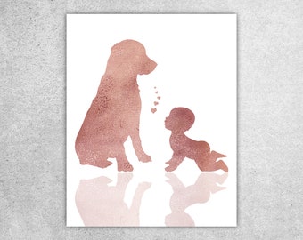Baby with dog, Golden retriever, Baby art print, Rose gold Watercolor, New mother gift, Baby announcement, Nursery decor, Instant download