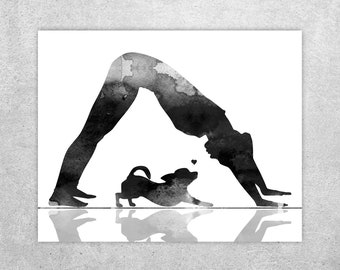 Woman and dog, Chihuahua yoga position, Dog yoga print, Downward facing dog, Yoga wall art, Yoga gift, Yoga with pet, Instant download