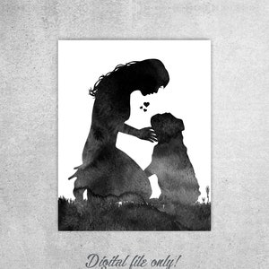 English Bulldog Watercolor Print: Woman and Dog Art (Digital Download)