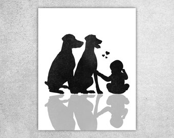 Baby and dogs, Baby and 2 Dobermans art, Baby nursery art, Printable ART, Baby room decor, Baby shower gift, Dog print, Instant download