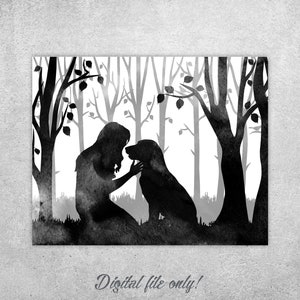 Frau und Hund im Wald zu drucken, Umarmung ihres Hundes, Hundeliebhaber Geschenk, Wald Aquarell, sofort download