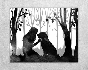 Woman and Labrador in the forest print, Woman and dog print, Hugging her dog, Dog lovers gift, Woodland watercolor, Instant download