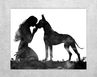 Woman kissing a dog, Watercolor print,  Great Dane, Dog print, Dog poster, Dog lover gift, Dog wall art, Dog mom gift, Instant download