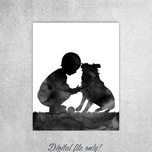 Little boy and dog print, Nursery decor, Mini Australian shepherd, Kids gift, Wall decor, Watercolor print, Dog Love art, Instant download