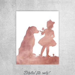 Décoration de chambre d'enfant, chien et petite fille, chien, golden retriever, aquarelle or rose, cadeau girly, fille et retriever, téléchargement immédiat