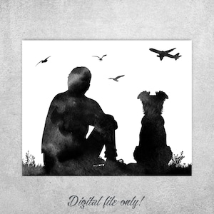 Man and dog back sitting, Border Collie, Black watercolor, Gift for him, Dog wall art print, Man and Border Collie, INSTANT DOWNLOAD