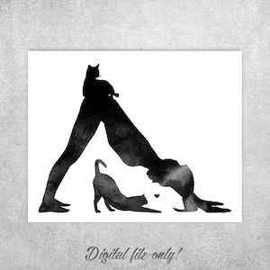 Lámina artística de Yoga con gatos: Postura del perro boca abajo (Descarga digital)