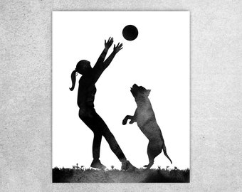 Woman playing ball with American Pitbull, Woman and dog print, Black watercolor, Funny dog lovers gift, Printable art, INSTANT DOWNLOAD