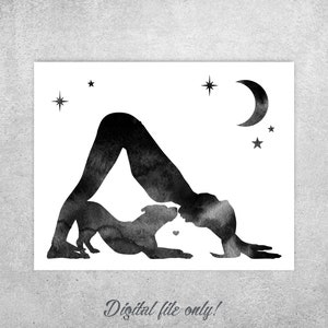 Pitbull Yoga Print, Woman & Dog Downward Dog Pose (Digital Download)