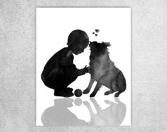 Little boy and dog print, Nursery decor, Mini Australian shepherd, Kids gift, Printable Watercolor print, Dog Love art, Instant download