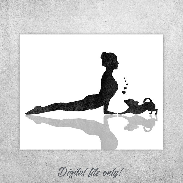 Woman and Chihuahua doing yoga, Print, Yoga studio decor, Dog print, Yoga print, Yoga wall art, Upward Facing Dog Pose, Instant download