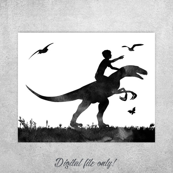 Little BOY riding a Dinosaur, Wall art, Dinosaur print, Nursery wild animals, Child Riding Velociraptor, Dinosaur rider, INSTANT DOWNLOAD