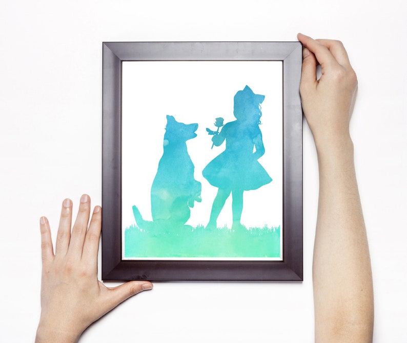 Girl and dog print Holding a flower Tutu dress German Shepherd print Instant download Nursery print Kids room decor Little girl art