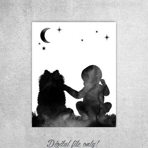 Baby and dog print, Baby and Pomeranian, Dog Back sitting, Nursery moon stars, Baby room decor, Baby shower gift, Black, INSTANT DOWNLOAD