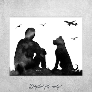 Man with dog back sitting, Bullmastiff, Black watercolor, Gift for him, Dog art print, Man and Bullmastiff back sitting, INSTANT DOWNLOAD