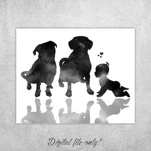 Pug Watercolor Print: Baby and Two Dogs Nursery Decor (Digital Download)