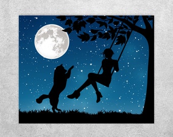 Woman With Dog Print Husky Wall Decor Woman On Swing Under Etsy