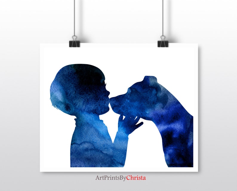 Mothers day gift Boy kissing a pit bull Kids room wall art Watercolor print Nursery decor Pit bull print Boy and dog Instant download