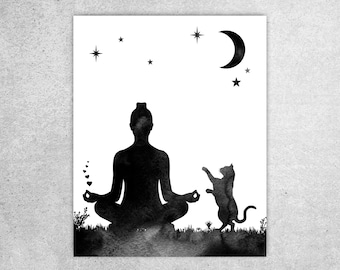 Yoga wall art, Woman and cat art print, Sukhasana Pose, Yoga with cat, Yoga print, Moon stars, Yoga studio decor, Instant download