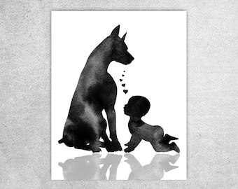Doberman watercolor print, Dog prints, Baby and dog print, Pregnancy reveal, Baby shower gift, Best friends, Nursery decor, Instant download