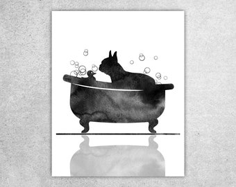 ON SALE! Boston terrier, Dog in a tub print, Black watercolor, Wall art, Dog lovers gift, Blue watercolor, Bathroom decor, Instant download