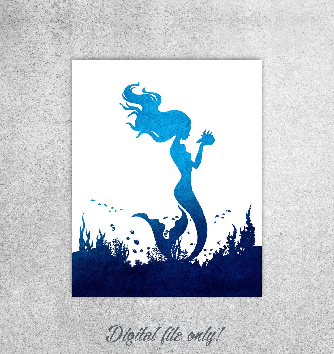 Mermaid Wall Art Print, Blue Watercolor, Fishes, Sea Horse, Holding a