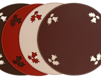 Jingle Bells round placemat, Christmas tablemat, Holiday decor, Brown Red Burgundy White table centrepiece, Christmas decor recycled leather