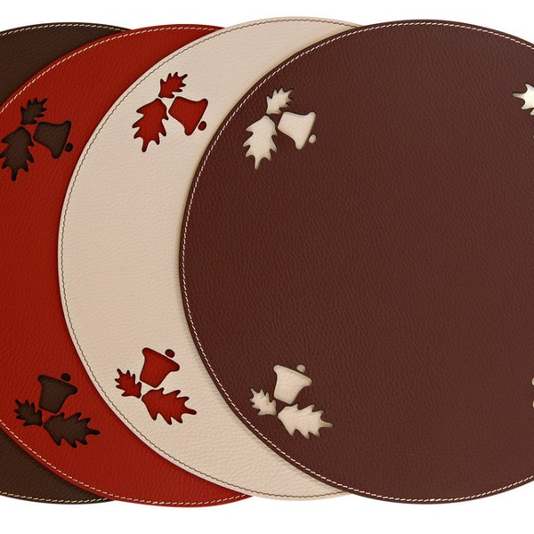 Jingle Bells round placemat, Christmas tablemat, Holiday decor, Brown Red Burgundy White table centrepiece, Christmas decor recycled leather