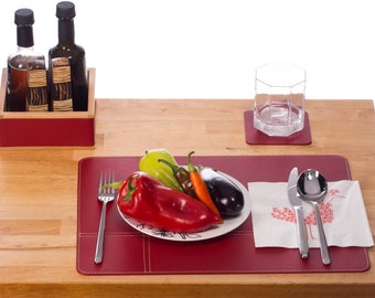 Red Placemats Set of 8 10 12 and Red Coasters / Bonded leather / Red place mats /  Placemats and Coasters Set