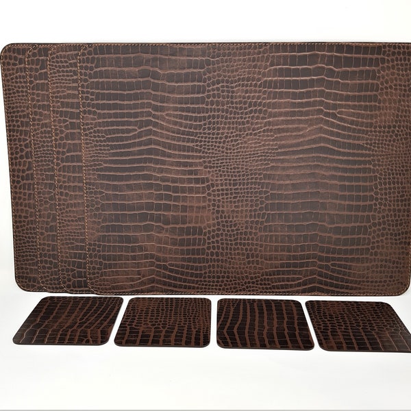 Placemats and coasters in Crocodile style, Set of bonded leather table mats, Dining table placemats