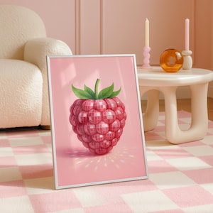 Raspberry Wall Art Printable | Cute Pink Fruit Kitchen Decor | Sparkly Disco Summer Poster | Digital Download