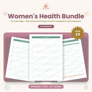 May include: A digital health tracker bundle featuring three printable pages with green headers and grid layouts. The text reads Women's Health Bundle, 6 Trackers in 1, and Save £9. The design includes a Berry Bun logo with a rabbit icon and text.