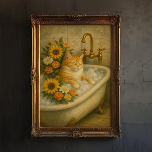 Cat Bubble Bath Art Print | Cozy Bathroom Wall Decor | Cute Tabby in Tub with Flowers | Whimsical AI Animal Poster | Digital Download