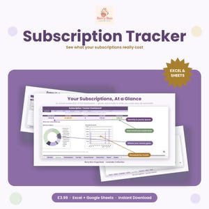May include: A digital subscription tracker template for Excel and Google Sheets by Berry Bun Organised. The dashboard displays financial data, including monthly and yearly spend, savings potential, category charts, and renewal timelines in purple.
