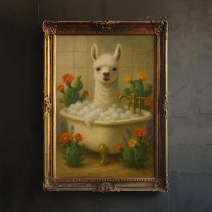 Llama Bubble Bath Art Print | Boho Bathroom Wall Decor | Vintage Tub with Cactus Flowers | Whimsical Animal Poster | Digital Download